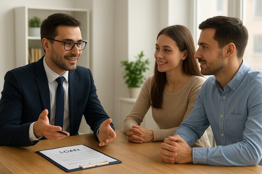 Smiling loan advisor speaking with clients
